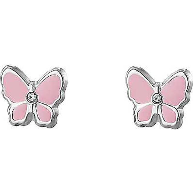 Sterling Silver Enamel Pink Butterfly with Crystals Stud Earrings - White