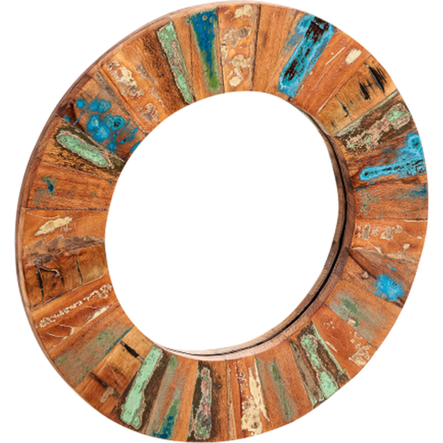 Coastal Reclaimed Wood Large Round Wall Mirror - Multi - Brown