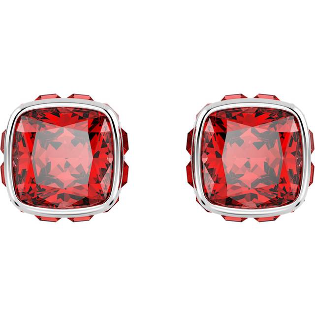 Birthstone stud earrings, Square cut, July, Red, Rhodium plated