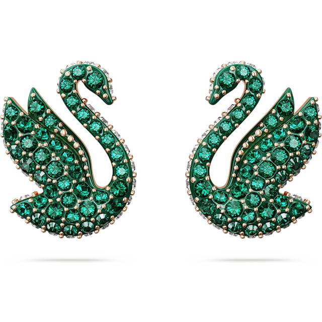 Swan stud earrings, Swan, Green, Rose gold-tone plated - OS