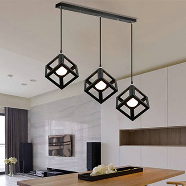 Cube Hanging Light Creative Black Antique Industrial Pendant Light 3 Heads Ceiling Light Metal Retro Chandelier for Office Cafe Bedroom Loft Bar E27