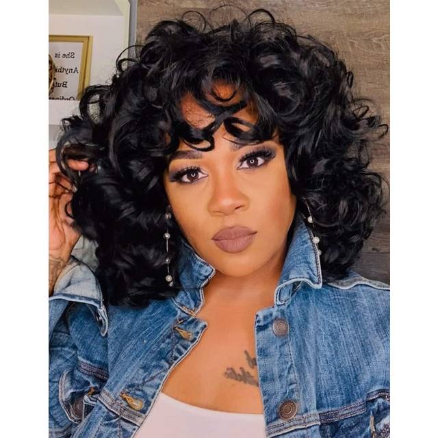 KEAT Curly Wigs for Black Women 14 Short Kinky Curly Wig with Bangs Afro Black Curly Wigs for African American Cute Natural Synthtic Soft Wigs K001B
