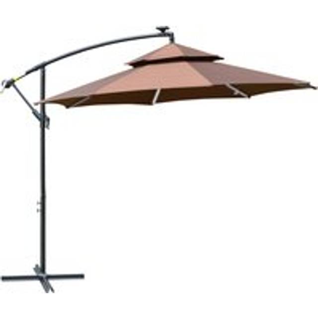 Outsunny 3(m) Cantilever Parasol Banana Hanging Umbrella With Double Roof, Led Solar Lights, Crank, 8 Sturdy Ribs And Cross Base, Coffee