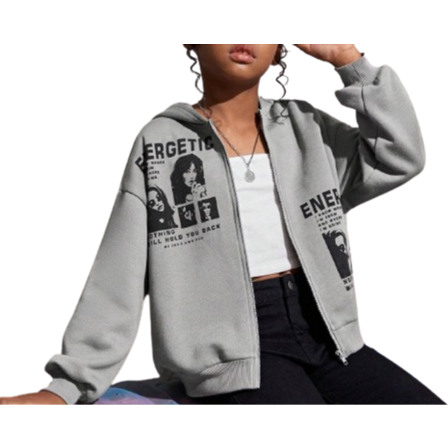SHEIN Tween Girl 1pc Figure & Letter Graphic Drop Shoulder Zip Up Hoodie