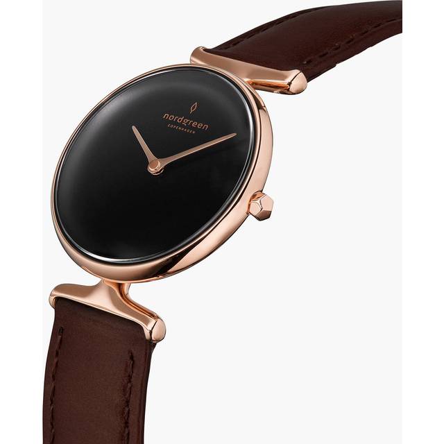 Nordgreen Best Women's Slim Designer Watch - Gold Case - Black Dial - 28mm Dark Brown Leather Strap