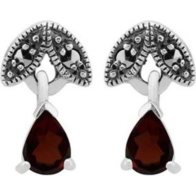 Art Nouveau Style Pear Garnet & Marcasite Drop Earrings in 925 Sterling Silver