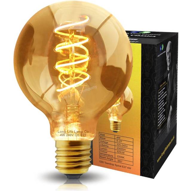 Retro Vintage Globe LED 4w Edison Style Spiral Filament Bulb Smoked Gold Glass G95 Teardrop E27