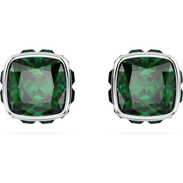 Birthstone stud earrings, Square cut, May, Green, Rhodium plated