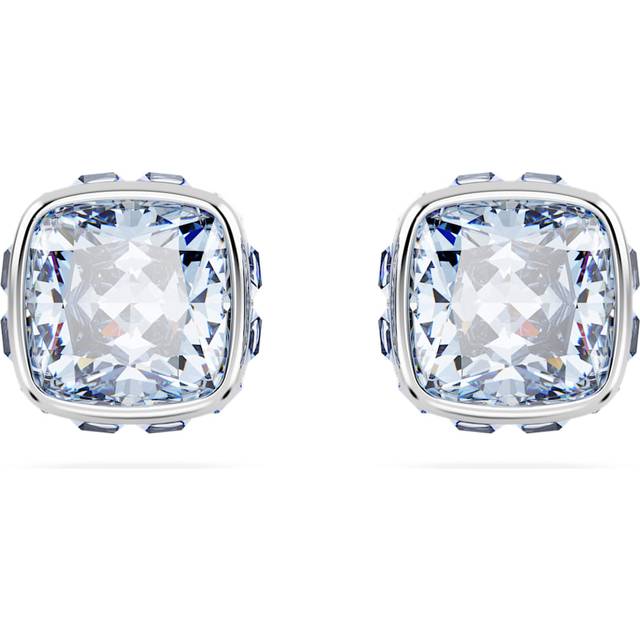 Birthstone stud earrings, Square cut, March, Blue, Rhodium plated - OS