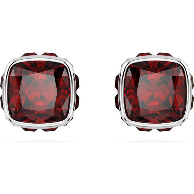 Birthstone stud earrings, Square cut, January, Red, Rhodium plated