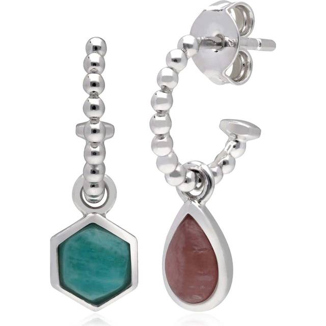 Micro Statement Rhodochrosite & Amazonite Mismatched Hoop Earrings in 925 Sterling Silver - Pink
