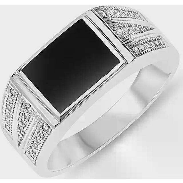 Sterling Silver with Onyx and Cubic Zirconia Men's Signet Ring
