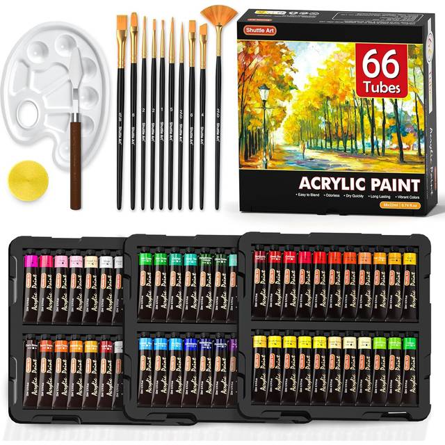 Shuttle Art akrylfärgs set, 66 färger 22 ml/rör med 3 borstar, professionell kvalitet, rika pigment, giftfri för konstnärer, nybörjare och barn på duk trä lera tyg keramiska hantverk