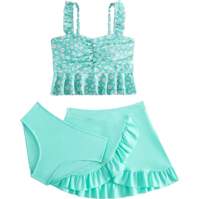 SHEIN Tween Girl Ditsy Floral Print Ruffle Hem Tankini With Beach Skirt Summer Beach