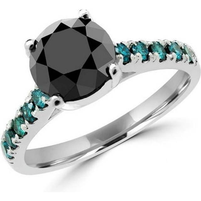 3.25 CTW Round Black & Blue Diamond Multi Stone Engagement Ring in 14K White Gold
