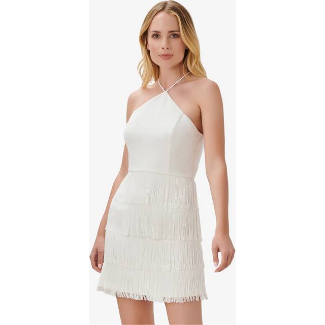 Fringe-Trim Short Sheath Cocktail Halter Dress In Ivory - 12