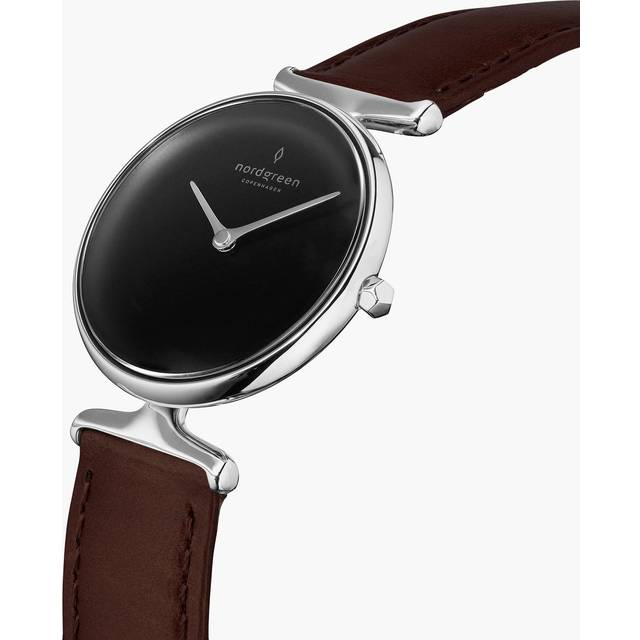 Nordgreen Best Women's Slim Designer Watch - Silver Case - Black Dial - 28mm Dark Brown Leather Strap