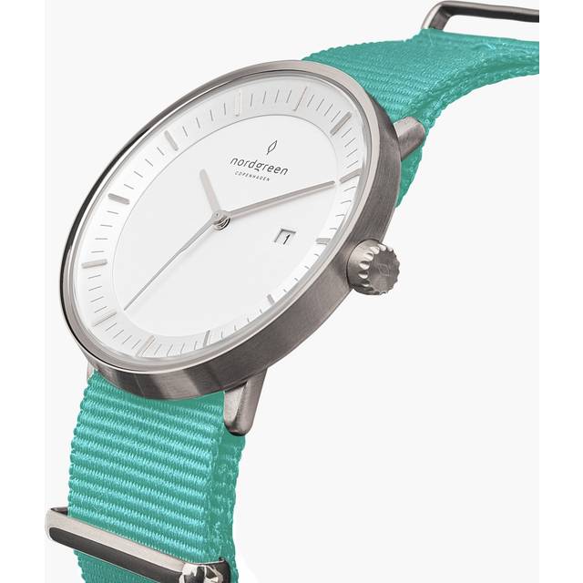 Nordgreen Minimimal Women's Thin Classy Watch - Silver Case - White Dial - 36mm Nylon Turquoise Strap