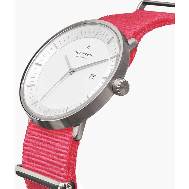 Nordgreen Minimimal Women's Thin Classy Watch - Silver Case - White Dial - 36mm Nylon Pink Strap