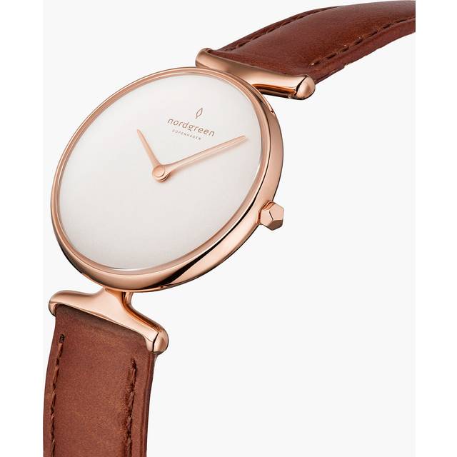Nordgreen Best Women's Slim Designer Watch - Rose Gold Case - White Dial - 32mm Brown Leather Strap