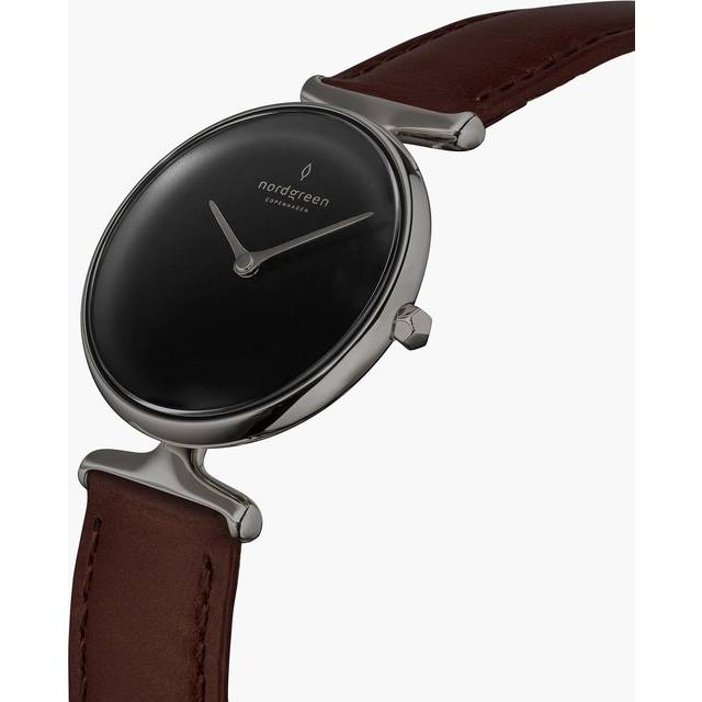 Nordgreen Best Women's Slim Designer Watch - Silver Case - Black Dial - 28mm Dark Brown Leather Strap