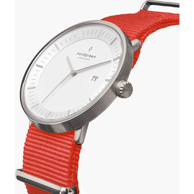 Nordgreen Minimimal Women's Thin Classy Watch - Silver Case - White Dial - 36mm Nylon Red Strap