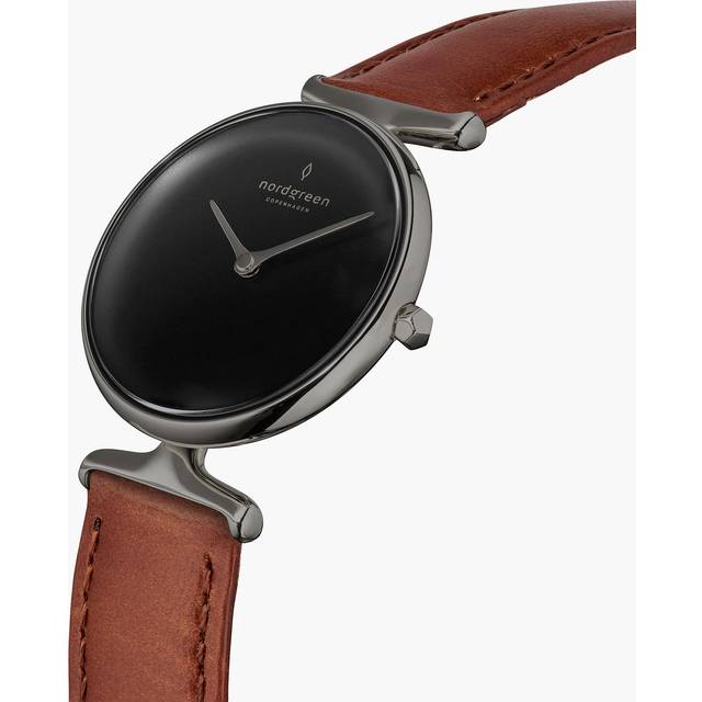 Nordgreen Best Women's Slim Designer Watch - Silver Case - Black Dial - 28mm Brown Leather Strap