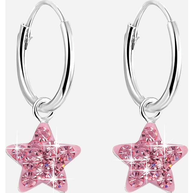 Silverörhängen för barn - hoops, rosa stjärnor, 12 mm