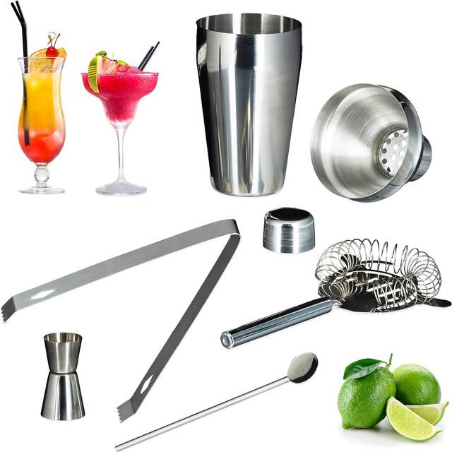 Relaxdays cocktailset 5 delar, rostfritt stål, shaker, sil, barsked, tång, cocktailshaker, barmått, silver