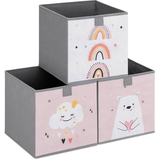 Kids Storage Cubes (Set of 3) - Storage Boxes 28x28x28 cm - Children's Organiser Cube Box Set for Toys, Bedroom - Cute Designs, Pink/White