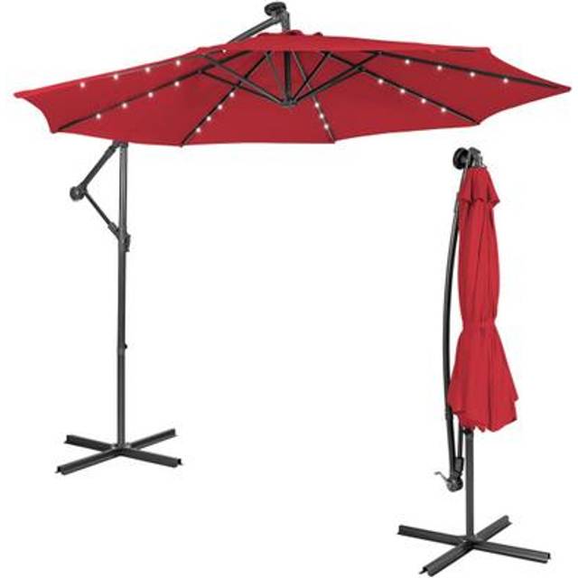 10 ft Cantilever Umbrella with 32 Solar-Powered LED Lights for Backyard Poolside Market-Wine