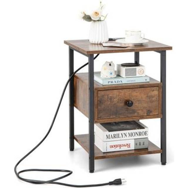 3-Tier Nightstand with Charging Station Open Shelves and Drawer-Brown