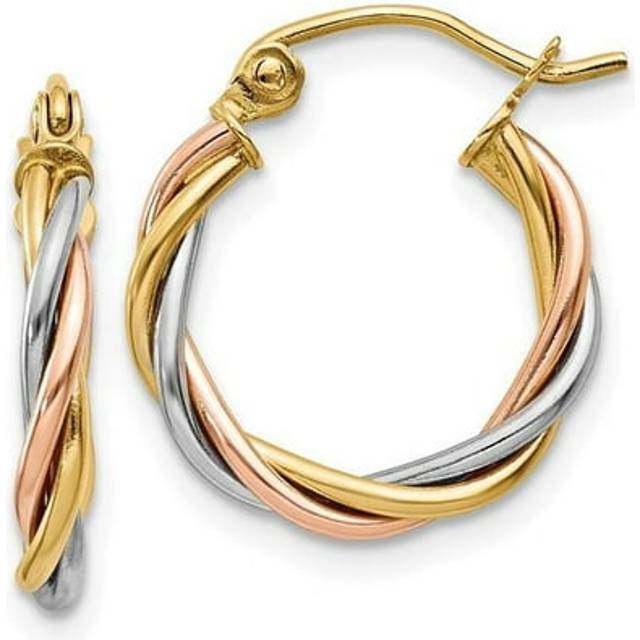 2.5 x 8 mm 14K Tri-color Polished Twisted Hoop Earrings, Pair