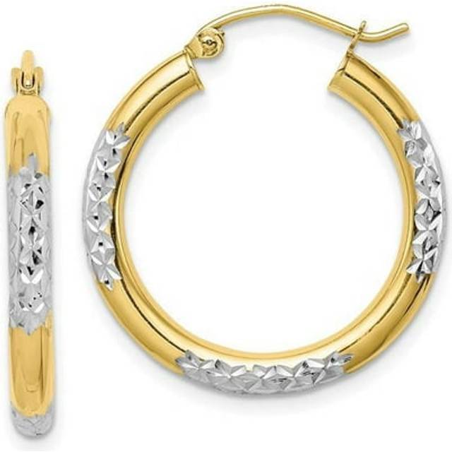 10k Yellow & Rhodium Diamond Cut 3 mm Hoop Earrings