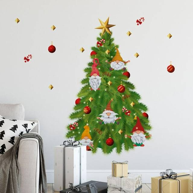 Walplus Merry Christmas Gnomes and Tree Self Adhesive Wall Stickers 3 Piece - Green - 0.2 x 85 x 57cm