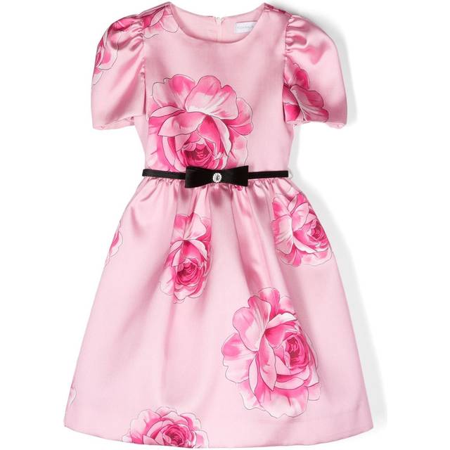 Monnalisa - bow-detail rose-print dress - kids - Polyester/Viscose/Cotton - 9 - Pink