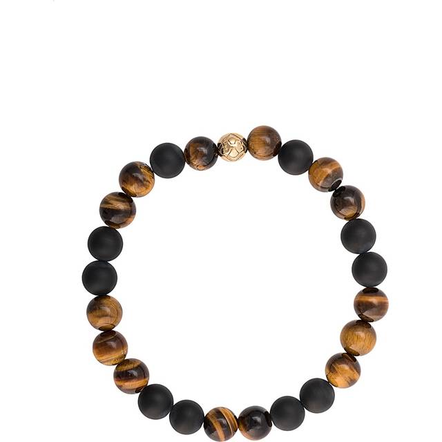 Nialaya Jewelry - elasticated stone bracelet - men - Gold Plated Steel/Onyx/Tiger eye - XL - Brown