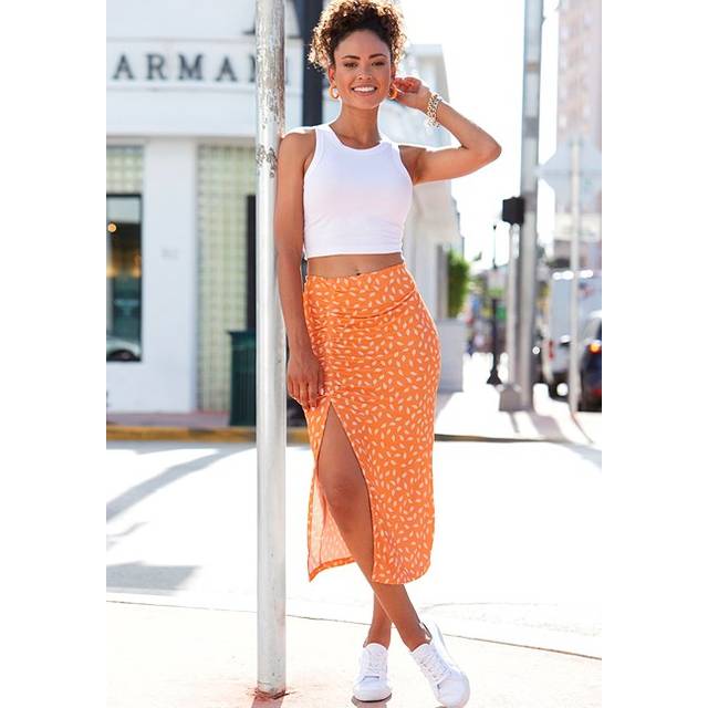 Vivance Ruffle Jersey Midi Skirt - Orange Print