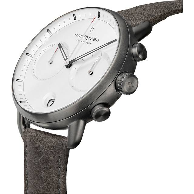 Nordgreen Modern Men's Scandinavian Wrist Watch - Silver Case - White Face - Patina Grey Leather Watch Strap42mm