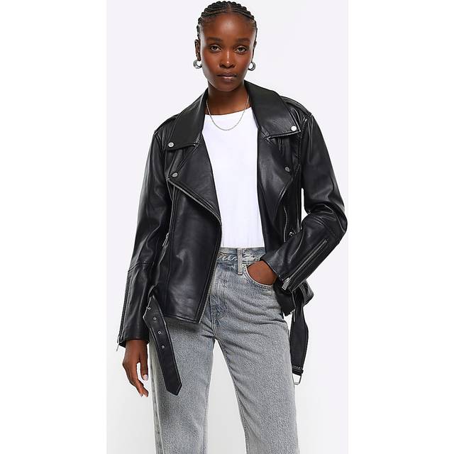 River Island Womens Black Leather Oversized Biker Jacket - 8