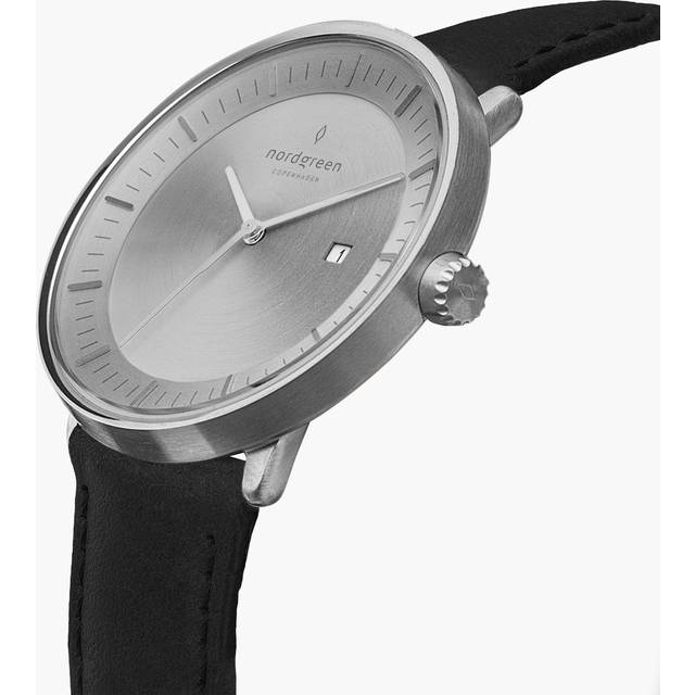 Nordgreen Minimimal Women's Thin Classy Watch - Silver Case - Brushed Metal Dial - 36mm Vegan Leather Black Strap