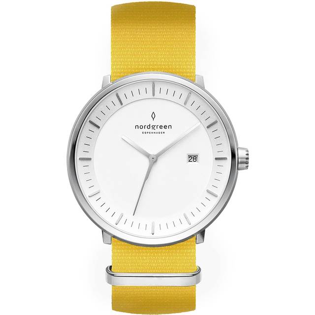 Nordgreen Minimimal Women's Thin Classy Watch - Silver Case - White Dial - 36mm Nylon Yellow Strap