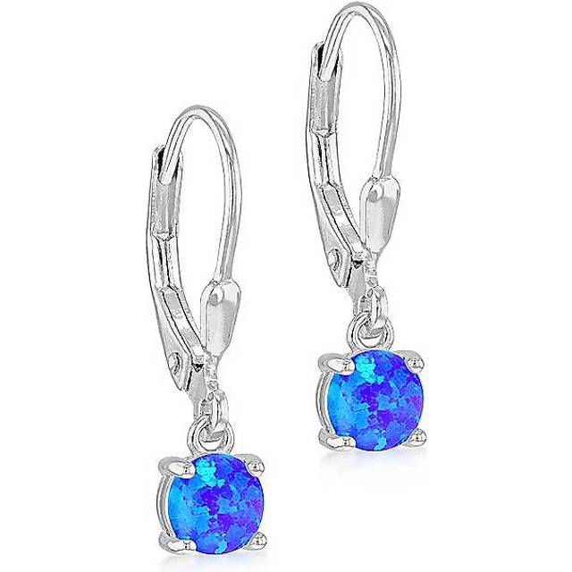 Tuscany Silver Sterling Rhodium Plated 5mm Synthetic Blue Round Opals Drop Earrings