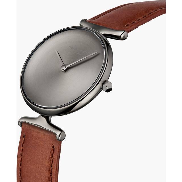 Nordgreen Best Women's Slim Designer Watch - Silver Case - Brushed Metal Dial - 32mm Brown Leather Strap