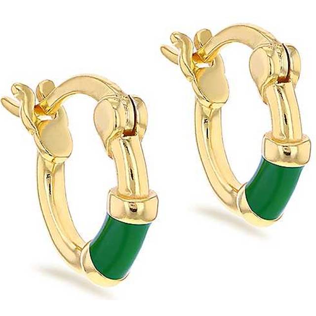 Tuscany Silver Sterling Yellow Gold Plated 10mm Green Enamel Huggie Hoop Earrings