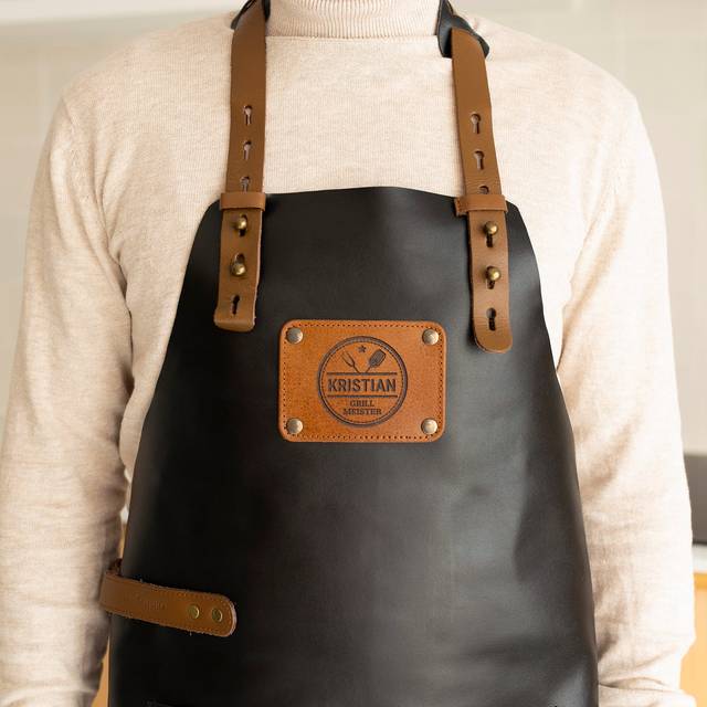 YourSurprise Engraved leather BBQ apron - Barbeque apron personalised with name or text, various designs and fonts, real buffalo leather and