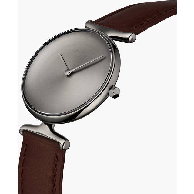 Nordgreen Best Women's Slim Designer Watch - Silver Case - Brushed Metal Dial - 32mm Dark Brown Leather Strap