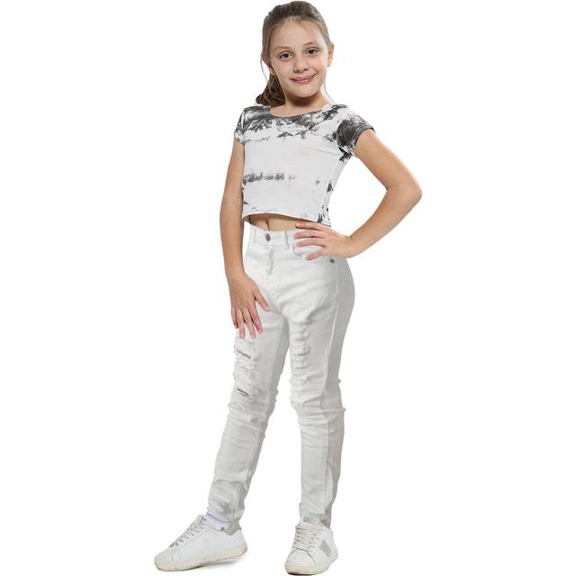 (7-8 Years, White) Kids Girls Skinny White Jeans Denim Ripped Pants