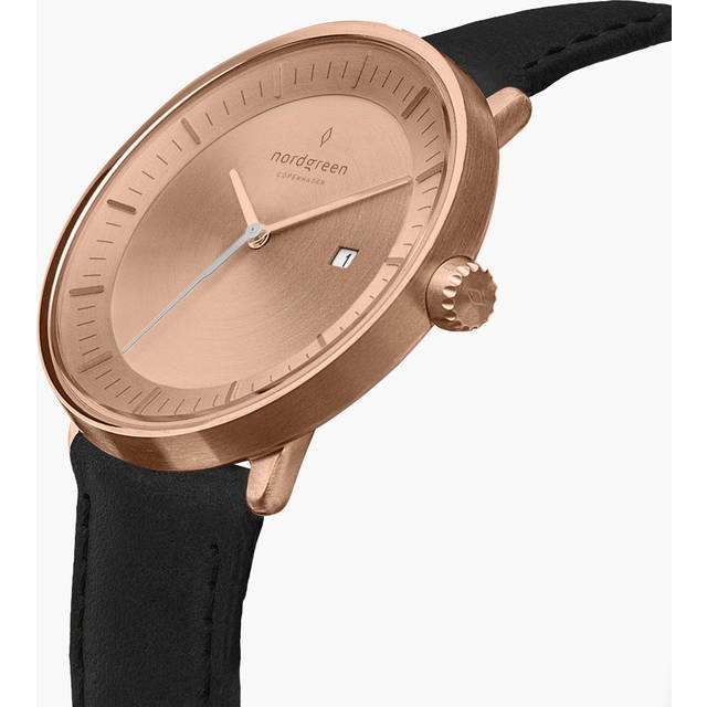 Nordgreen Minimimal Women's Thin Classy Watch - Rose Gold Case - Brushed Metal Dial - 36mm Vegan Leather Black Strap