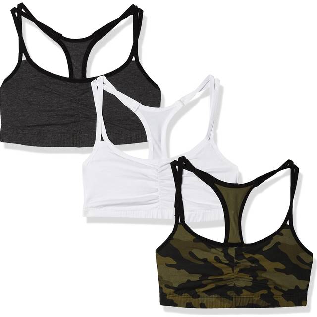 Fruit of The Loom Womens Spaghetti Strap Cotton Pull Over 3 Pack Sports Bra  Camo/White/Charcoal With Black  42